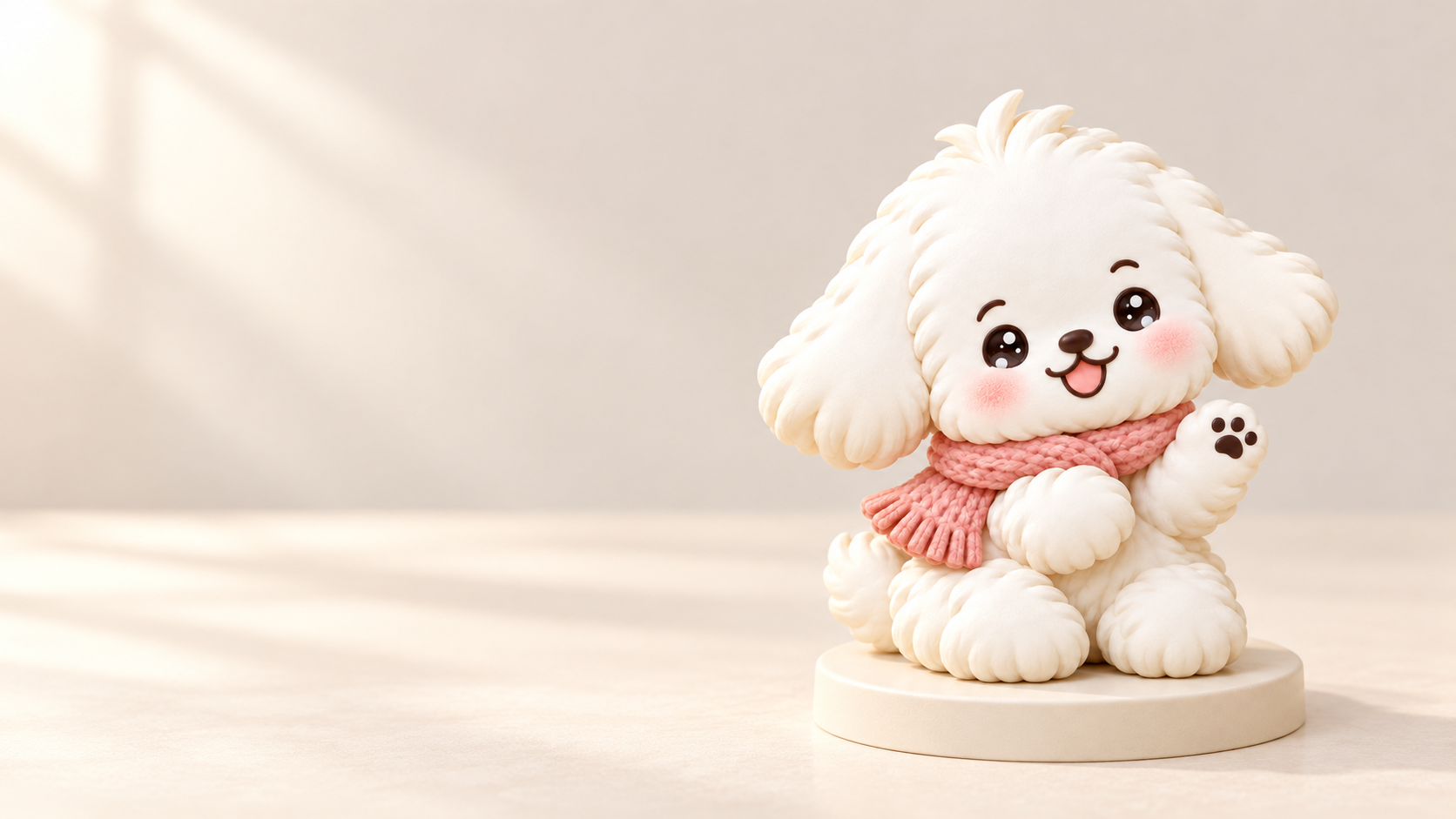 白い犬のふわふわちゃん。AIで制作した3Dイメージ